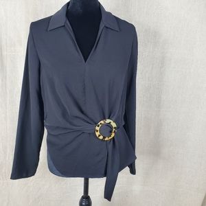 ◇ Topshop Black Long Sleeve V-Neck Collared Peplum Blouse Size 8